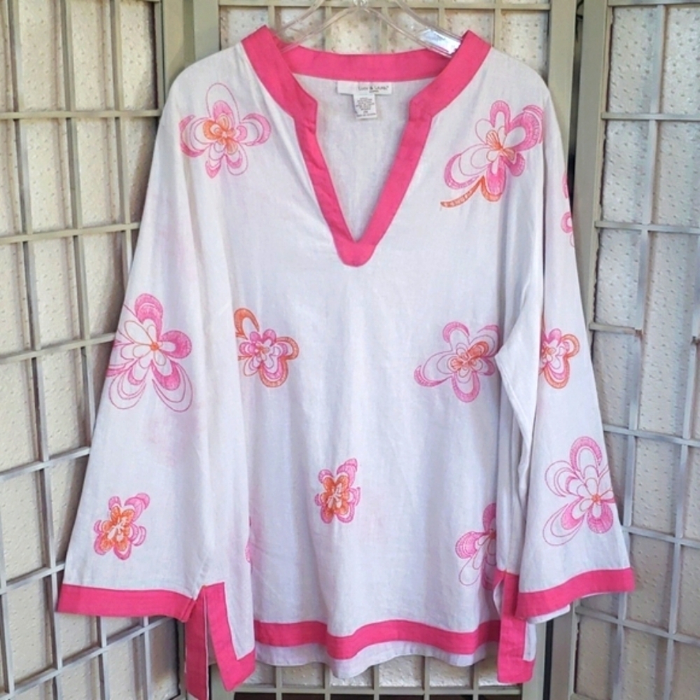 Lucy & Laurel linen blend white and pink embroidery tunic top long sleeve 2X